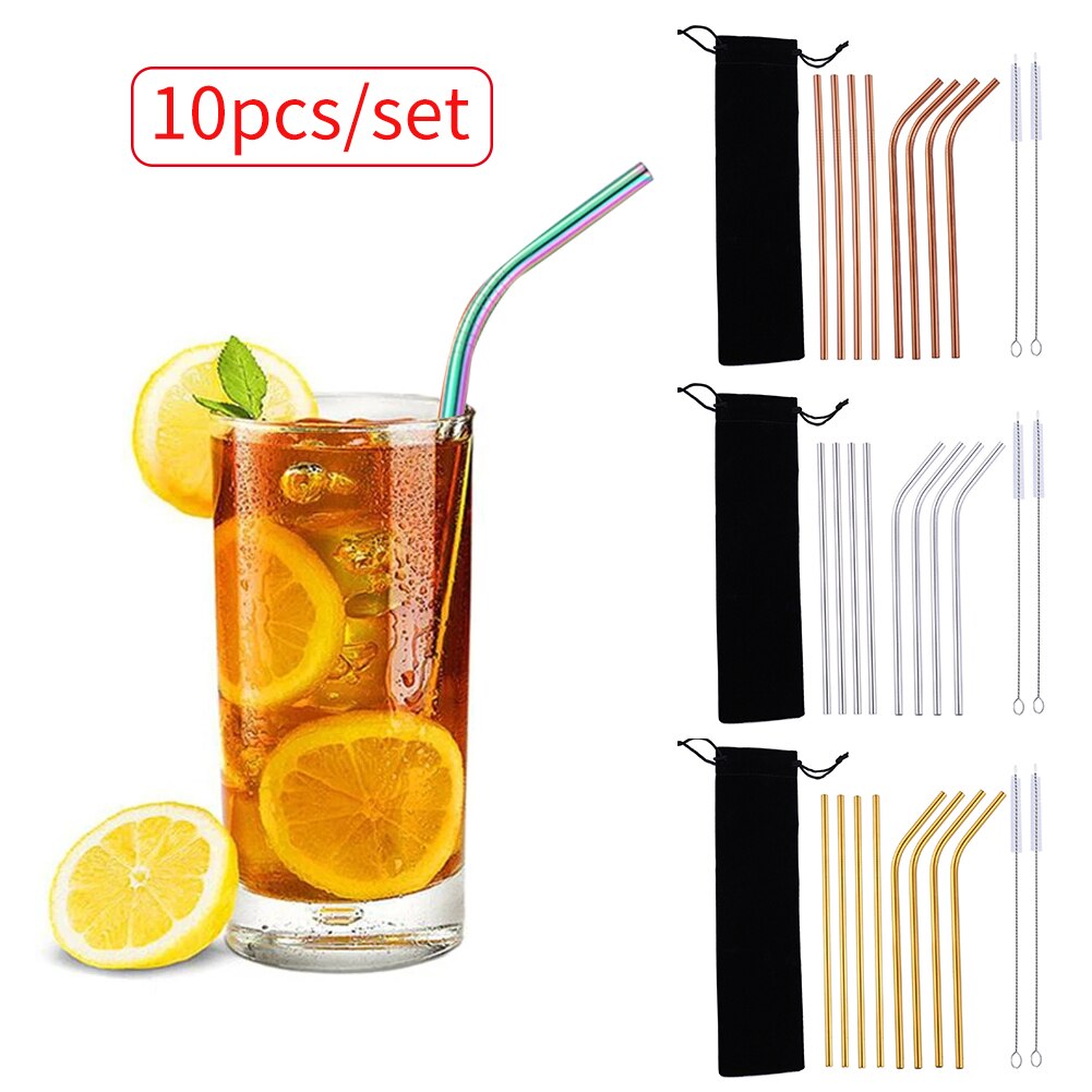 10pcs/set Cocktail Party Bar Reusable Straws Cleaning Brushes Long Birthday Wedding Coffee Drinking Festival Stainless Steel