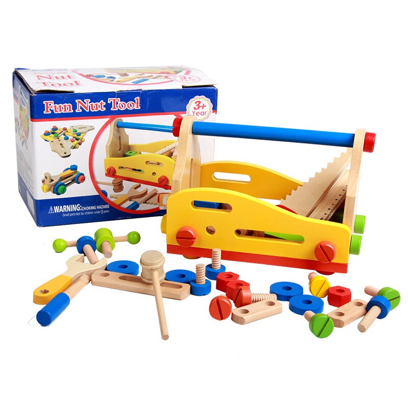 Wooden Simulation Toolbox Set Nut Combination Assembly Workbench Tool Blue Educational Toys