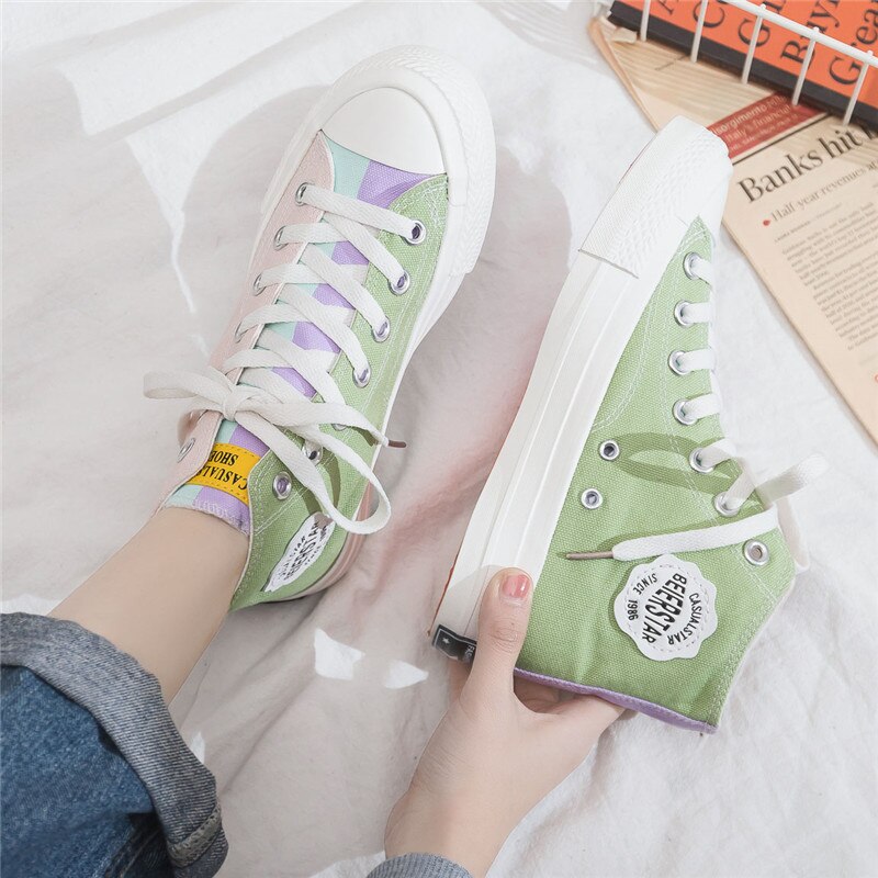 Dames canvas schoenen sneakers hoge veterschoenen dames casual schoenen skateboard schoenen dames: Roze groen / 4