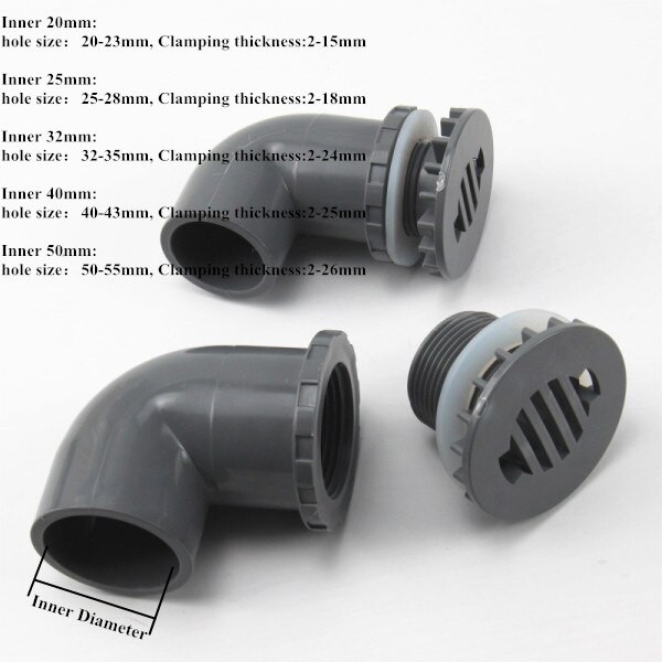 1PC ID 20~50mm PVC Pipe Elbow Aquarium Fish Tank Drain Joints Home DIY Water Supply Tube Fittings Drainage Connectors: Gray / Inner 32mm