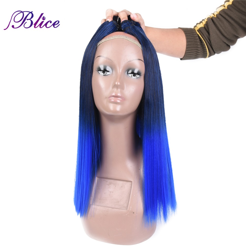 Extension synthétique Yaki mixte # 1B/bleu 18 pouces-Blice | Extensions à coudre lisses, Double trame longue, 100g/pièce, lot de 3 pièces