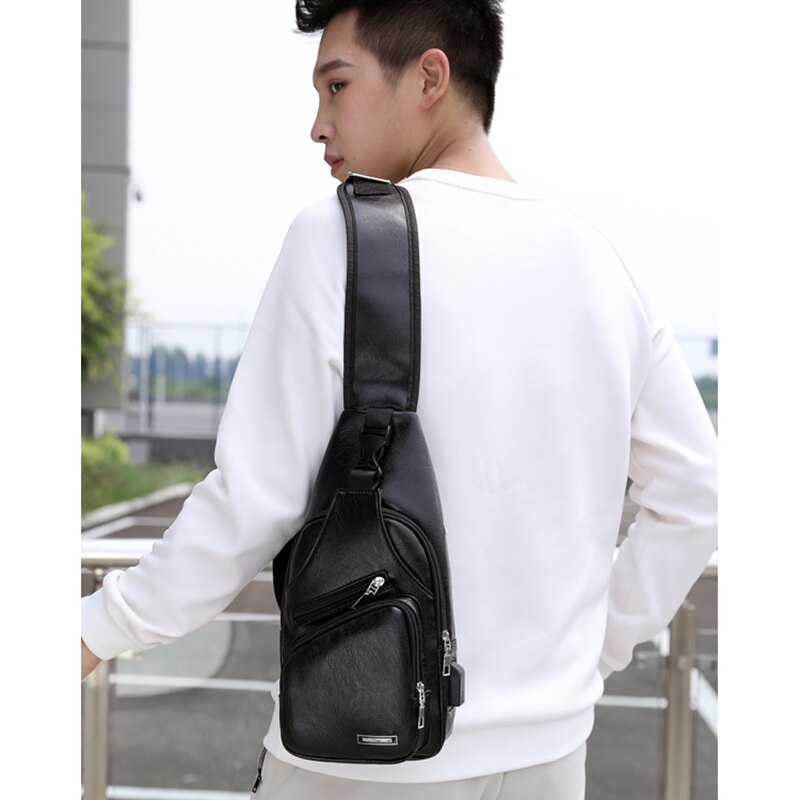 Mini USB Interface Plenty of Space Mens Casual Bag Outdoor Sling Bag Travel Day Pack PU Leather Chest Bag Crossbody Bag