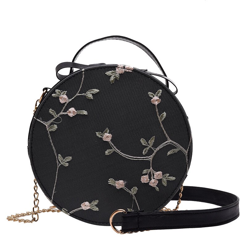 Yogodlns broderie femmes sacs ronds dentelle sac à bandoulière en cuir synthétique polyuréthane femme sac à bandoulière à fleurs sacs décontractés: Black
