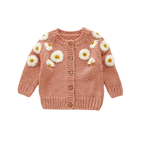 Blotona – Cardigan tricoté pour bébés filles, haut décontracté à col rond et manches longues, avec broderie marguerite, à simple boutonnage, pour l&#39;automne et l&#39;hiver: Rose / 90
