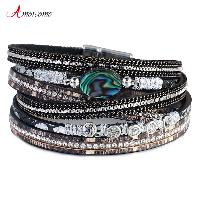 Amorcome geschichtet Leder wickeln Armbinde Böhmischen Kristall Glas Perlen Hülse Charme Armbinde für Frauen Mädchen boho Handgemachten Schmuck