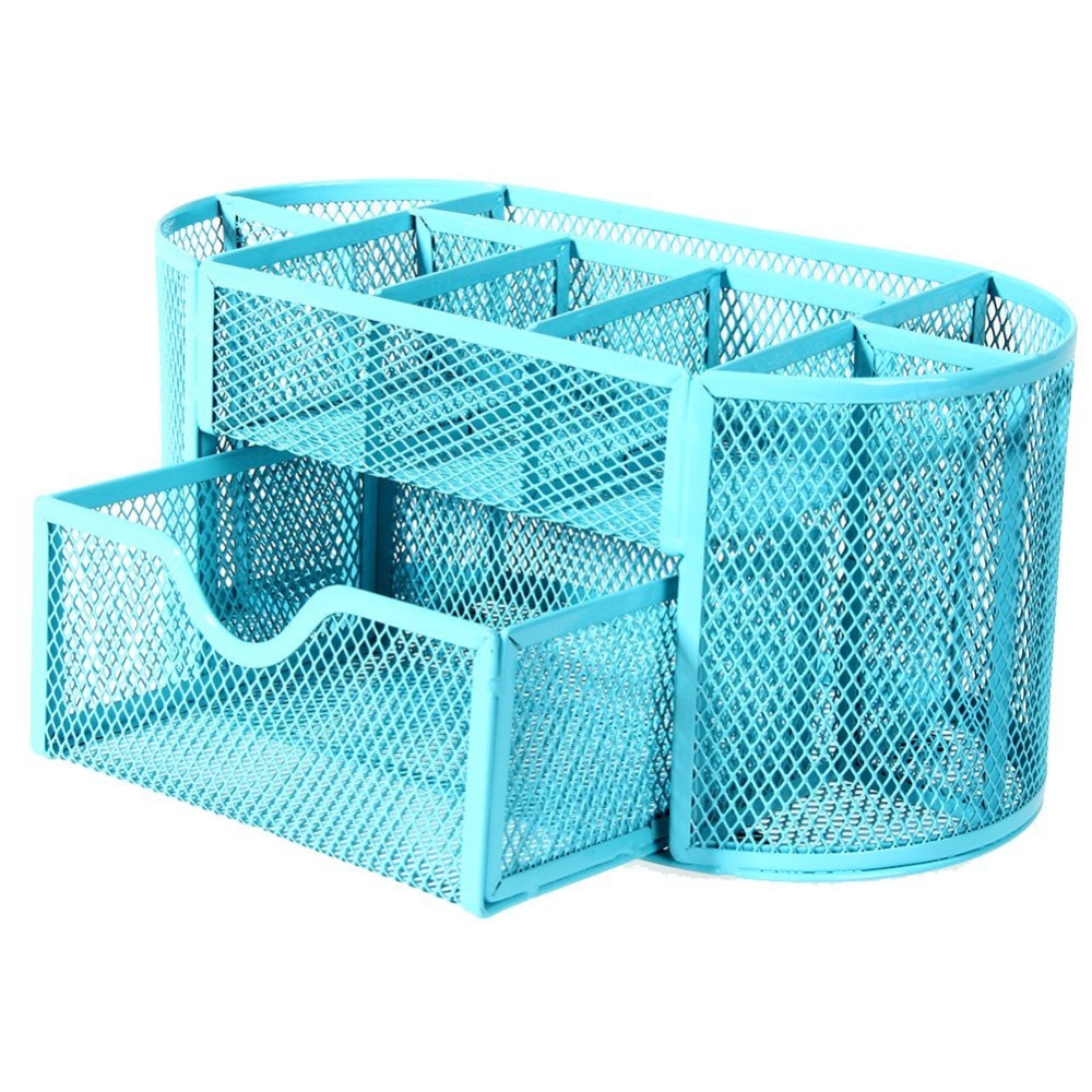 Blue Mesh Desk Organizer Desktop Pencil Holder Accessories Office Supplies Caddy with Drawer, 9 Compartments