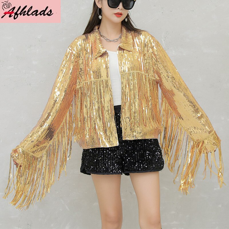 Chaquetas de lentejuelas de estilo Hip Hop para mujer, ropa de calle de Color liso, abrigo de retazos con borlas, ropa de cuello redondo, abrigos sueltos de manga larga: Oro