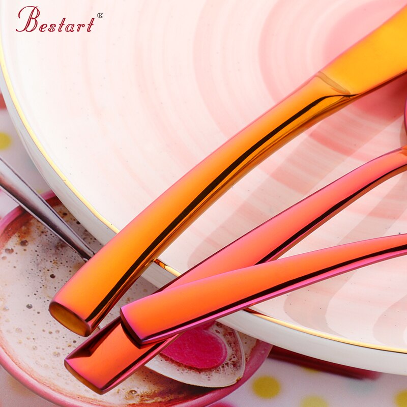 Mærke farvet rød bestik sæt service 18/10 rustfrit stål bøf kniv gaffel ske middag western food rainbow bestik sæt 5pc