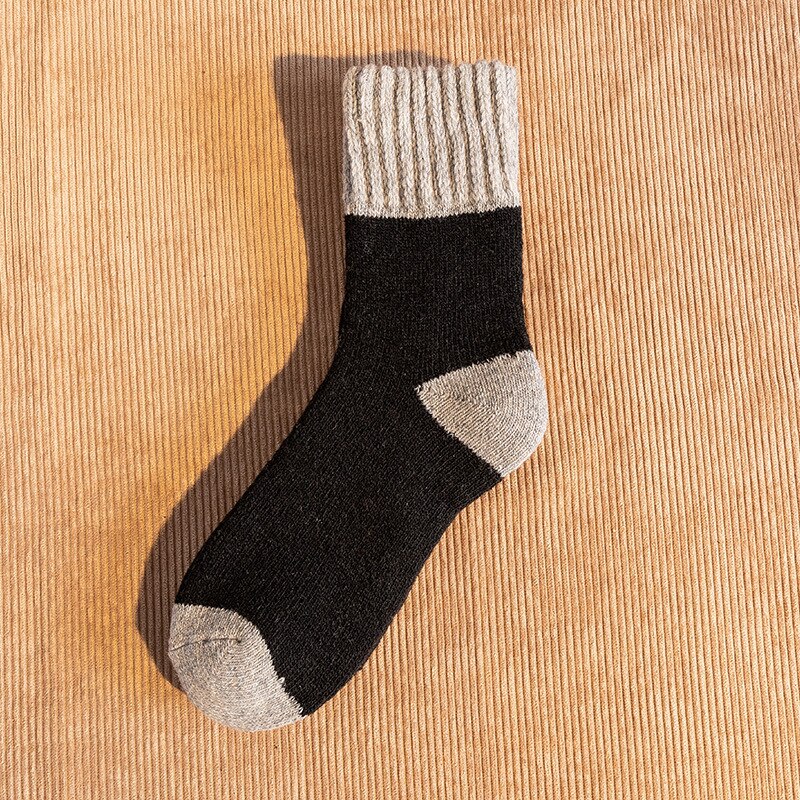 5pairs Winter Socks Stitching Color Trend Men&#39;s Super Thick Solid Loop Warm Socks Wool Socks Cold Snow Socks Large Size38-46: 5pairs Black