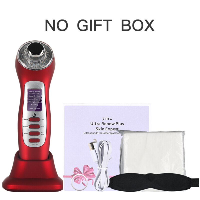 Ultrasonic 3MHz Galvanic Skin Care Machine LED Blue Red Light Photon Microcurrent Facial Lifting Skin Tightening Beauty Device: RED NO GIFT BOX