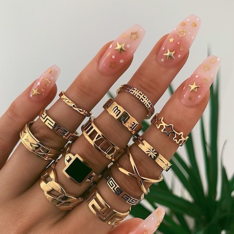 13Pcs Ring/Set Bohemian Vintage Gold Crescent Geometric Joint Ring for Women Crystal Personality Ring Set Party Jewelry