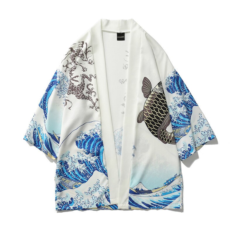 Japanese Style Carp Printing Kimono Haori Traditional Men Women Three Quarter Cardigan Shirt Thin Section Asian Clothes: White / XL