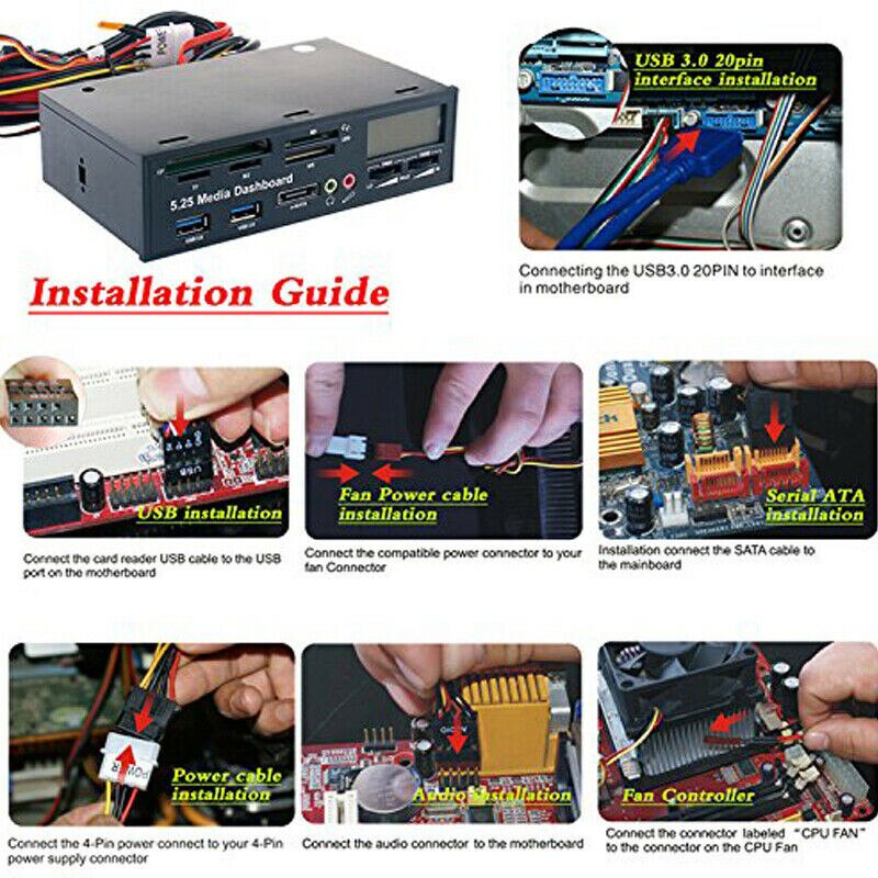 PYMH 5.25 Inch USB 3.0 PC Front Panel Media Dashboard Card Reader HUB SATA PCIE PCE-E