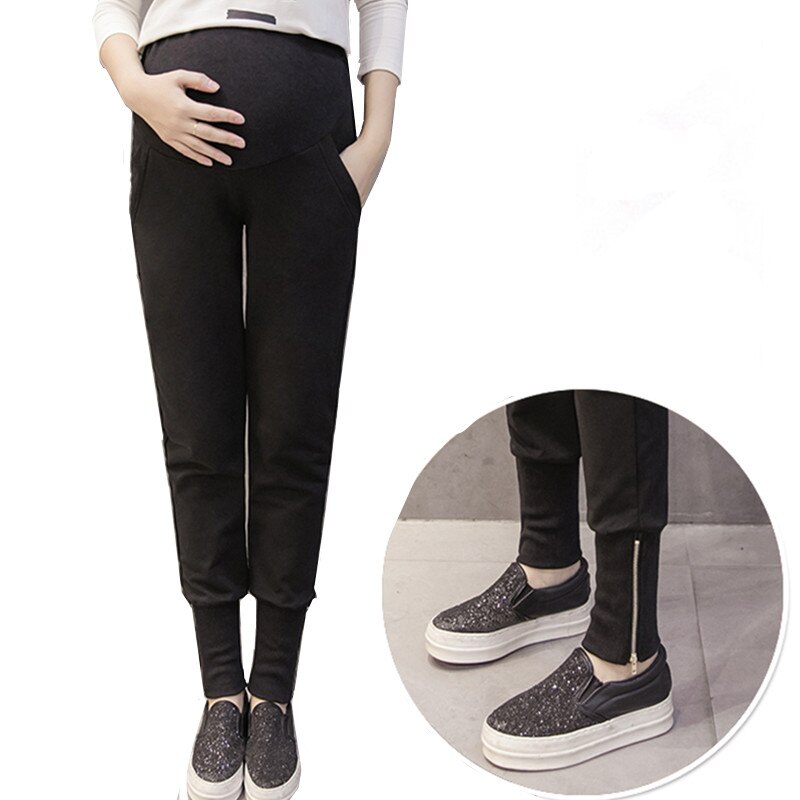 Pregnancy Trousers Belly Skinny Maternity Leggings Elastic Cotton Adjustable Waist Sports Pants Clothes for Pregnant Women E0083: black / XL