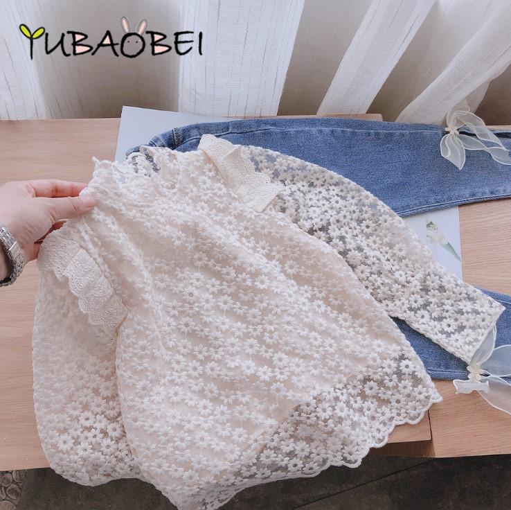 2022 Spring New Korean Girls Cute Slim Lace T-shirt Tops White Children&#39;s Long-sleeved Princess Blouse for Girls Kids Clothes