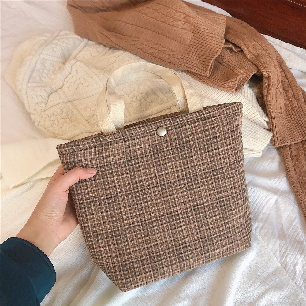 Cotton Fabric Lunch Bag Plaid Small Handbag Portable Food Picnic Bag Women Kids School Lunch Bags Ladies Little Tote Shopping: light coffee