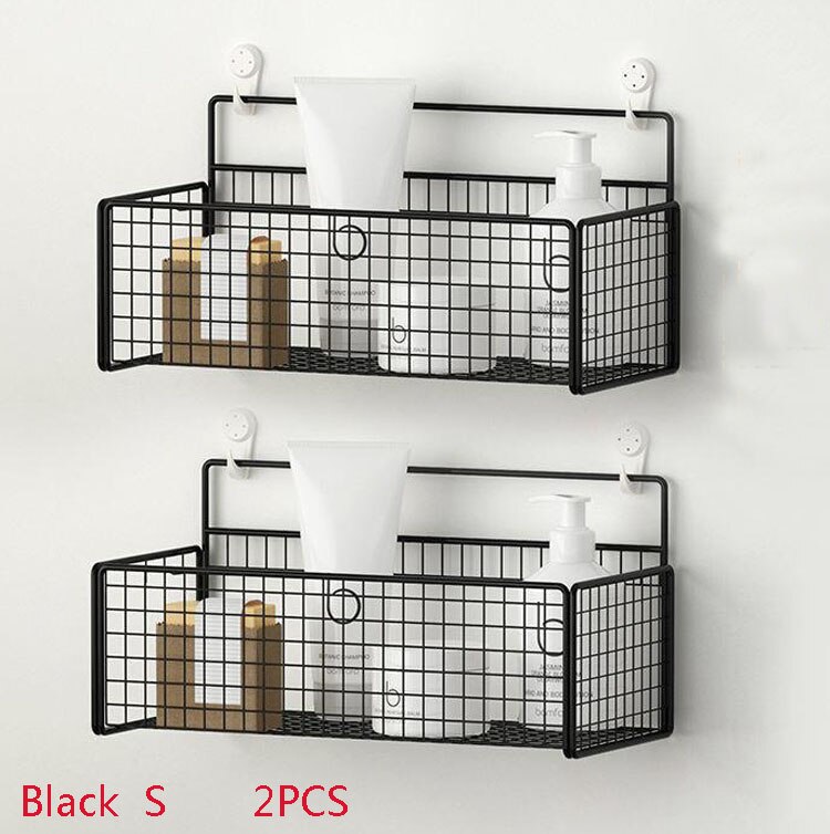 Black Wall-mounted bathroom shelf organizer Shampoo Rack Toilet Accessories Kitchen Free Punch Condiment Storage Basket: Black S 2PCS
