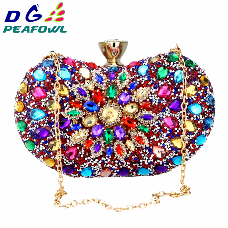 DG PEAFOWL 5colors Two Side Luxury Crystal Floral Clutch Chain Bag Evening Woman Diamond Wedding Shoulder Wallet Purse Handbags