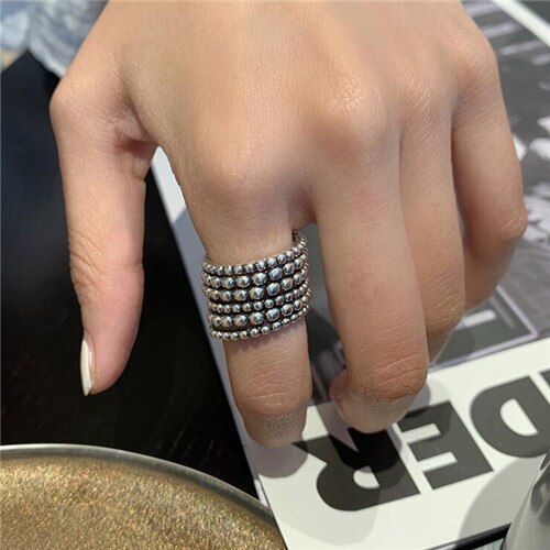Yikuf88 s925 anel de prata esterlina feminino estilo étnico retro arranjado contas de prata anel aberto multi-camada punk hip-hop anel: J1241