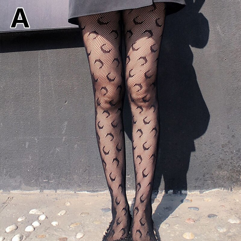 Women Moon Print Hollow Fishnet Mesh Lace Pantyhose Tight Stockings Casual Nightclubs Calcetines Sexy Black Stockings Колготки: A