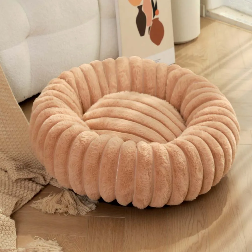 Perrera para mascotas de invierno, conejo redondo, relleno de felpa, suave, cómoda y cálida, colchón para perros y gatos de Color sólido a la , almohadilla para mascotas: M / Té marrón