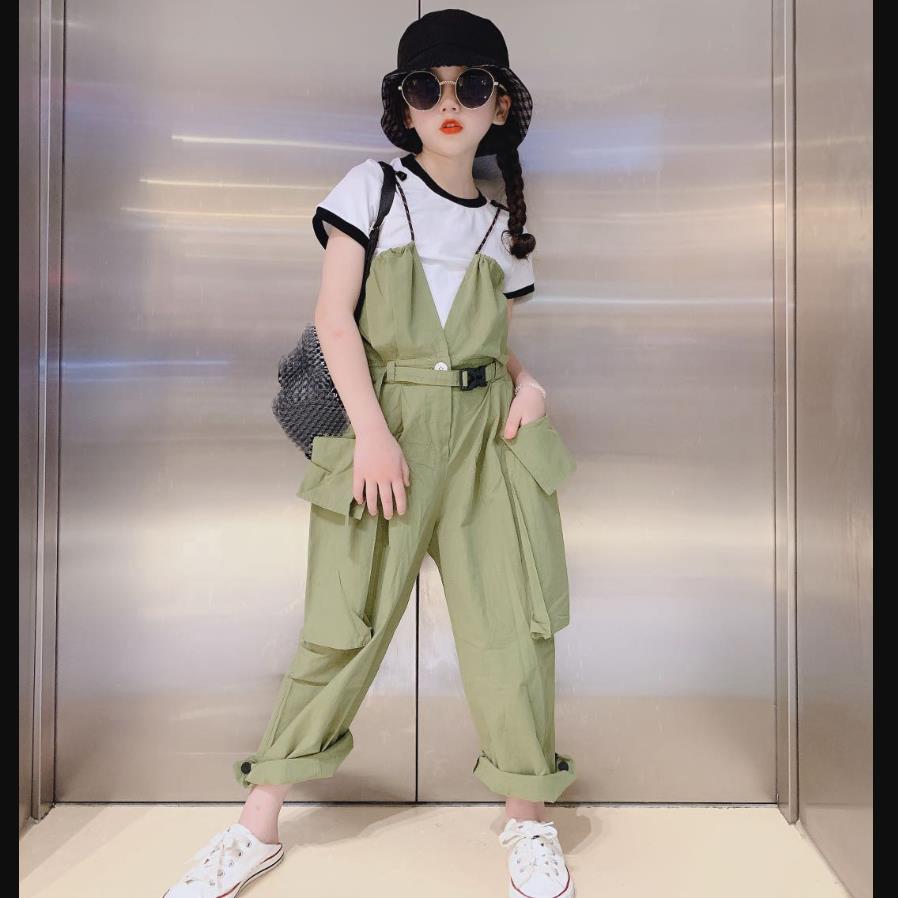 Children green overalls spring autumn jimpsuits girls pants baby loose overalls pants 3-16Y ws1656