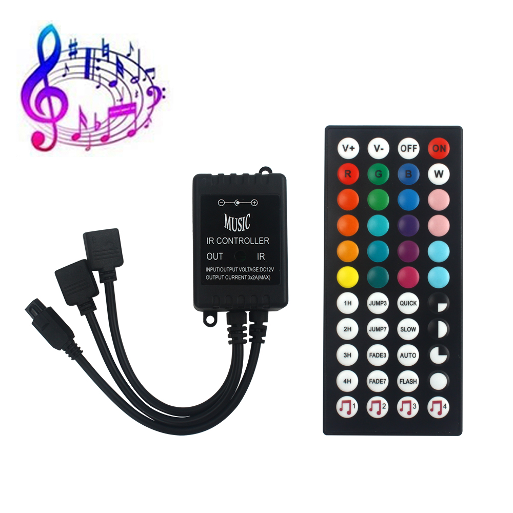 Contrôleur de musique à LED infrarouge, 44 touches, télécommande IR, capteur de son, 2 voies pour 5050 3528 5630 RGB bande lumineuse