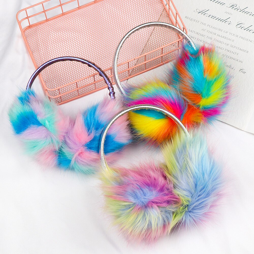 1Pc Winter Warm Faux Fur Earmuffs Cute Rainbow Earflap Plush Earmuff for Girls Ladies Women Hairbands Anti-Windshield Ear Muffs