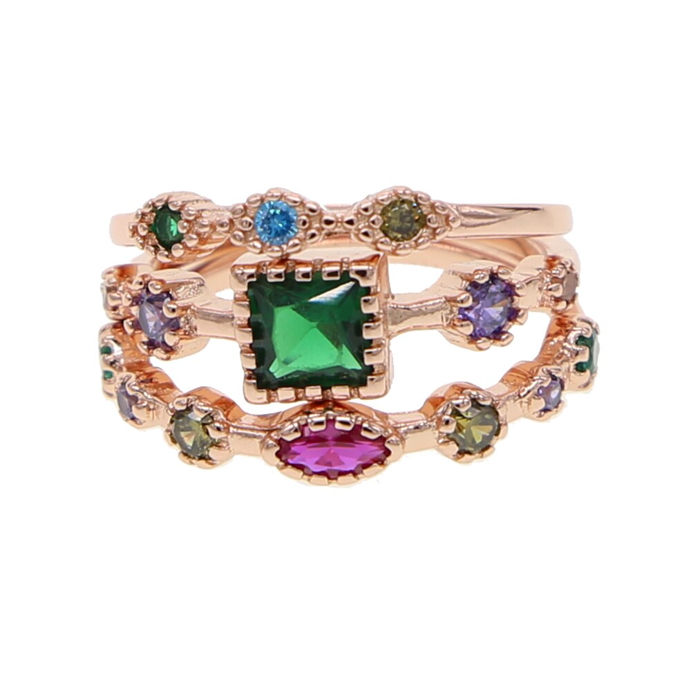 Delle Donne di modo Della Signora In Oro Rosa di colore 3pc di Cristallo Del Rhinestone Elegante Degli Anelli delicato piccolo Anello Insieme Dei Monili Formato 6-8 arcobaleno cz anello