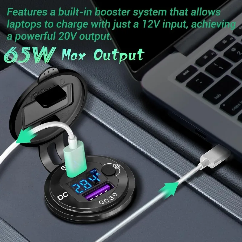 12V/24V USB Auto Ladung 83W PD Typ-C Schnelle Lade Steckdose Laptop Buchse mit Voltmeter motorrad Steckdose Lade Adapter