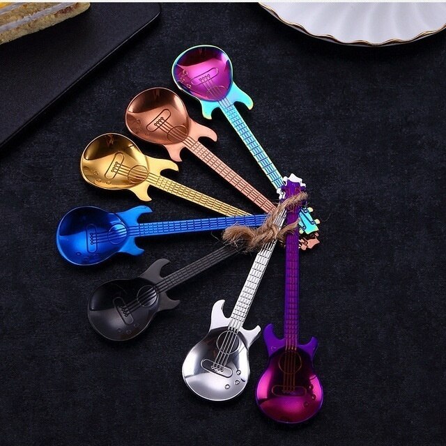 Guitare arc-en-ciel cuillères en acier inoxydable, cuillère à café et à thé, couverts, outils pour boire, cuillère à café 1 pièce