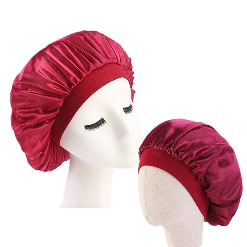 Hårpleiehette foreldre-barn elastisk polyester bred kant nattsøvn lue silke kuppel familie for panser sateng damer