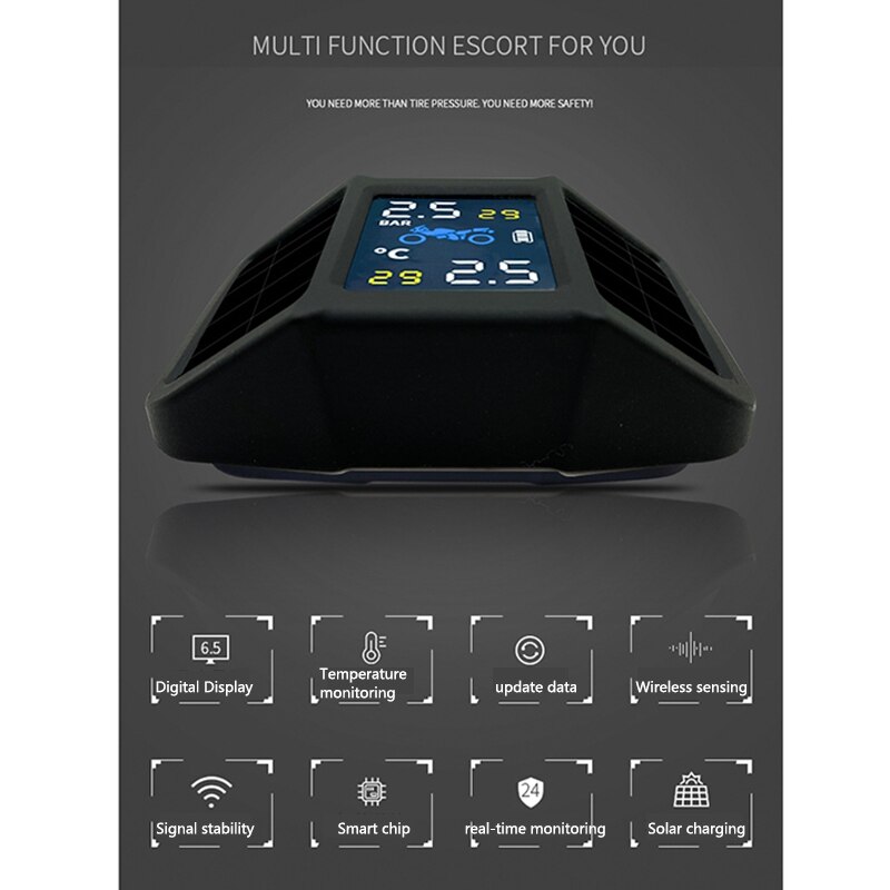 Motorcycle Tire Pressure Monitoring System Solar Power TPMS Real-Time Display Pressure Temperature Alarm