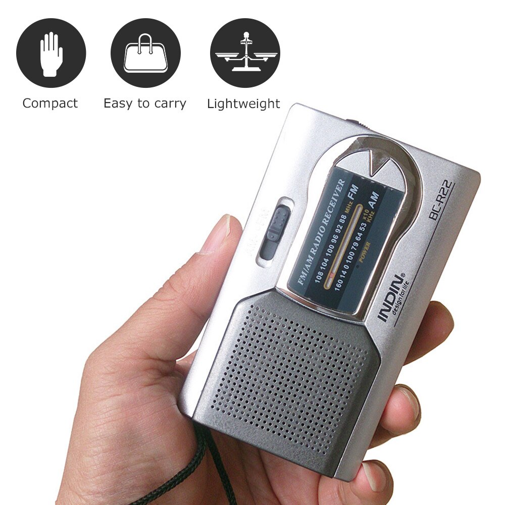 INDIN Radio BC-R22 AM/FM Dual Band Mini Radio Receiver Portable Player Built-in Speaker with a Standard 3.5MM Headphones Jack