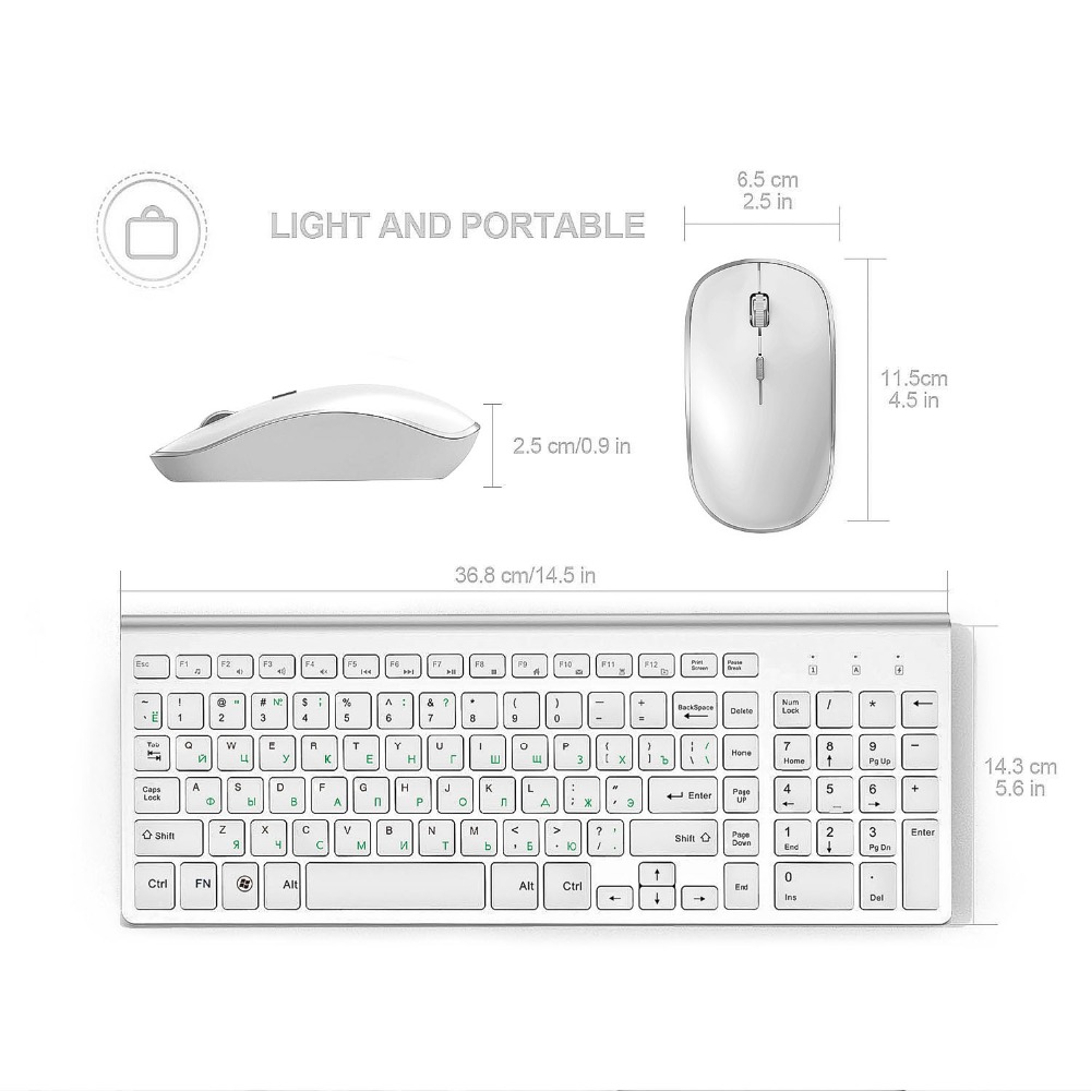 Russian layout 2.4G Wireless Keyboard and Mouse Set,Ergonomic USB Portable slim , full size Keyboard Mouse silver white