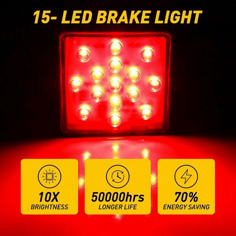 Smoked Lens 15-LED Tow Hitch Receiver with Strobe Feature Brake Tail Light for Truck SUV 2-Inch Towing Adapter Hole