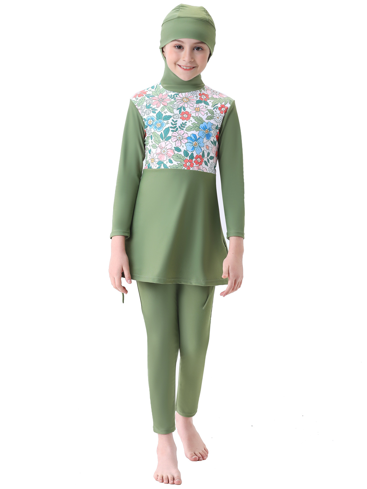 2023 mädchen Muslimischen Swimwears Islamischen Kinder 3 stücke Badeanzüge kinder Modest Strand Tragen Schwimmen Schwimmen Caps Burkini Für Mädchen: XS / green