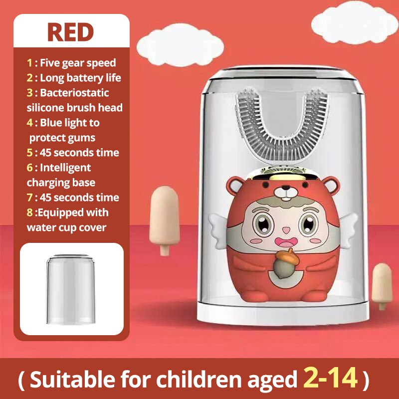 Kids Elektrische Tandenborstel Kinderen Automatische Oplaadbare 360 Graden Tandenborstel Ultrasone Zachte Siliconen Met Beschermhoes: Red