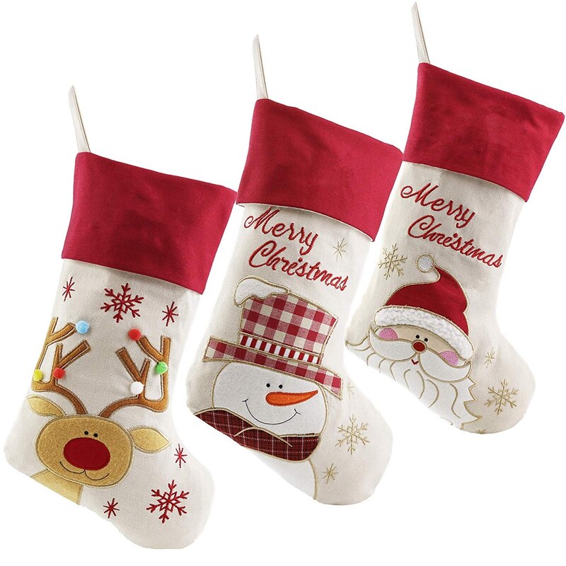 Dejlige julestrømper sæt  of 3 santa, snemand, rensdyr, xmas karakter 3d plys linned hængende tag strik kant: Default Title