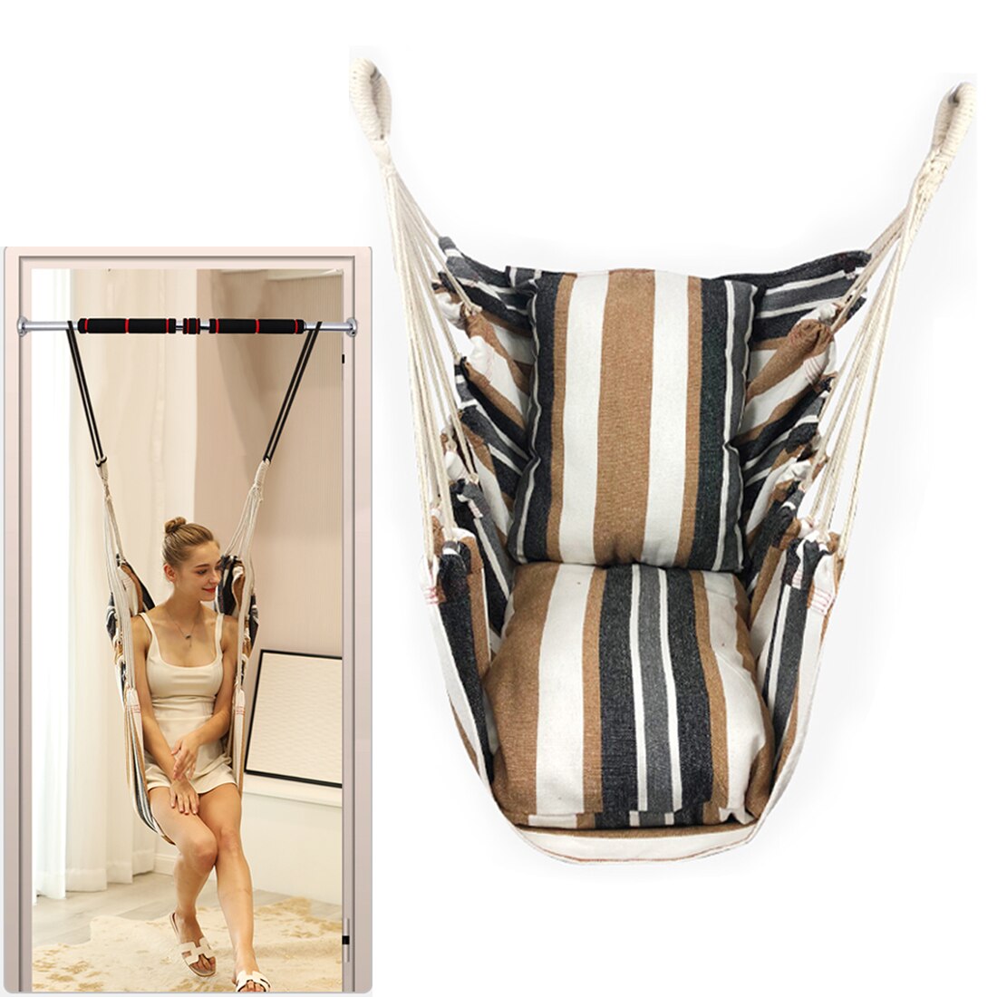 Hammock Portable Beach Chair Hanging Rope Chair Swing Chair Seat for Adults Kids Garden Hammock with Support Indoor Outdoor