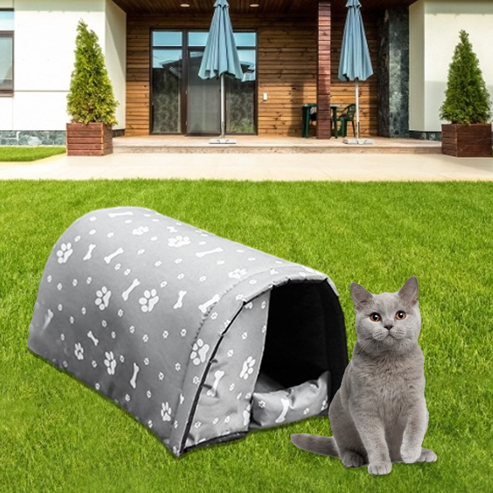 Grey Pet House Waterproof Outdoor Cat Shelter For Small Dog Oxford Cloth And Plush For Indoor Outdoor Home Garden