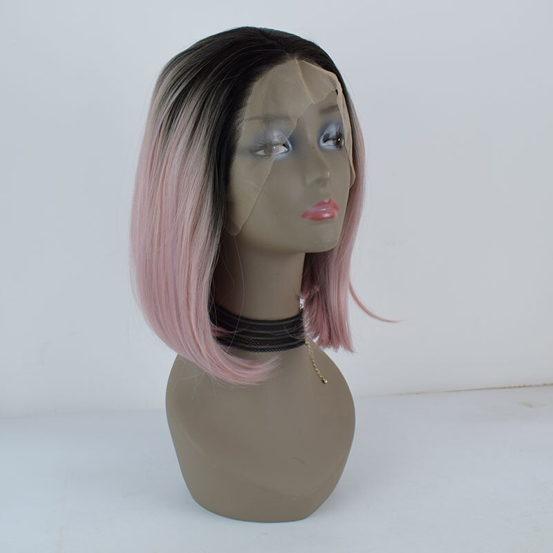 Bombshell preto raízes ombre rosa curto em linha reta bob peruca dianteira do laço sintético resistente ao calor fibra cabelo médio de separação para mulher