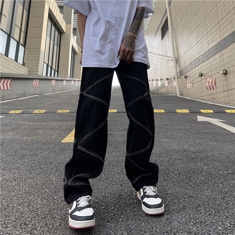 Pantalones vaqueros rasgados para hombres y mujeres, Jeans negros a rayas, con bolsillos lavados, estilo urbano, informal, de gran tamaño