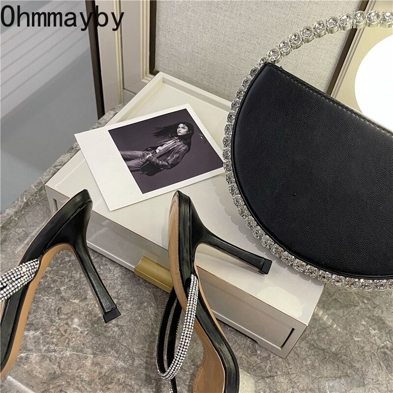 Sandales en cristal pour femmes, pantoufles à talons hauts, chaussures à la , Mules à bout carré, diapositives, 2022