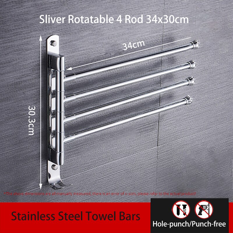 Rotatable Rod Towel Hanger Bar Punch-Free Stainless Steel Wall Shower Hanging Movable Holder Rack Bathroom Accessories 00TB0302: 4 Pole Long 34cm