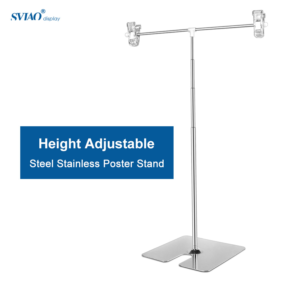 Height adjustable display stainless steel poster clip sign holder sales cardboard display racks stand