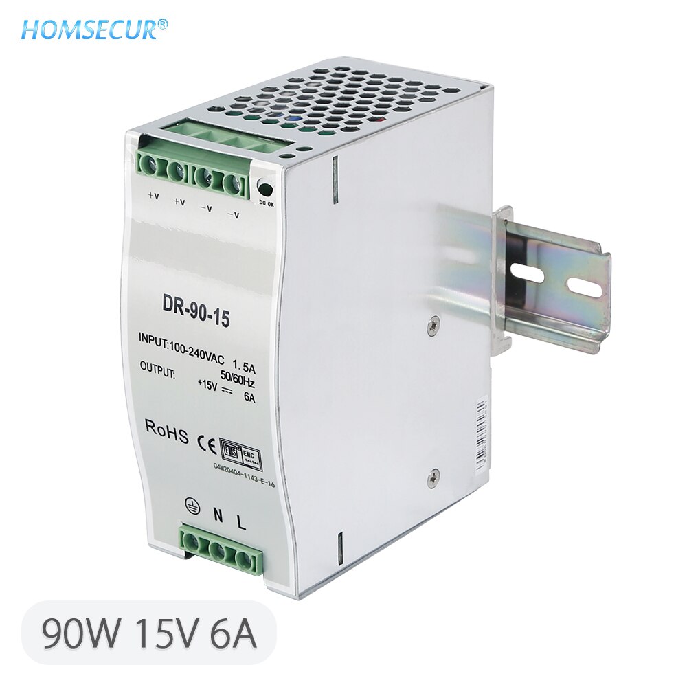 HOMSECUR 15V 30W/60W/90W/120W/150W Din Rail Single Output Switching Power Supply For Video Door Intercom System: DR-90-15