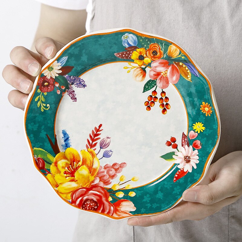 Blommig keramisk mattallrik blomform tallrik set guldinläggningsfat och tallrikar för hemmet servisset servis som serverar retro