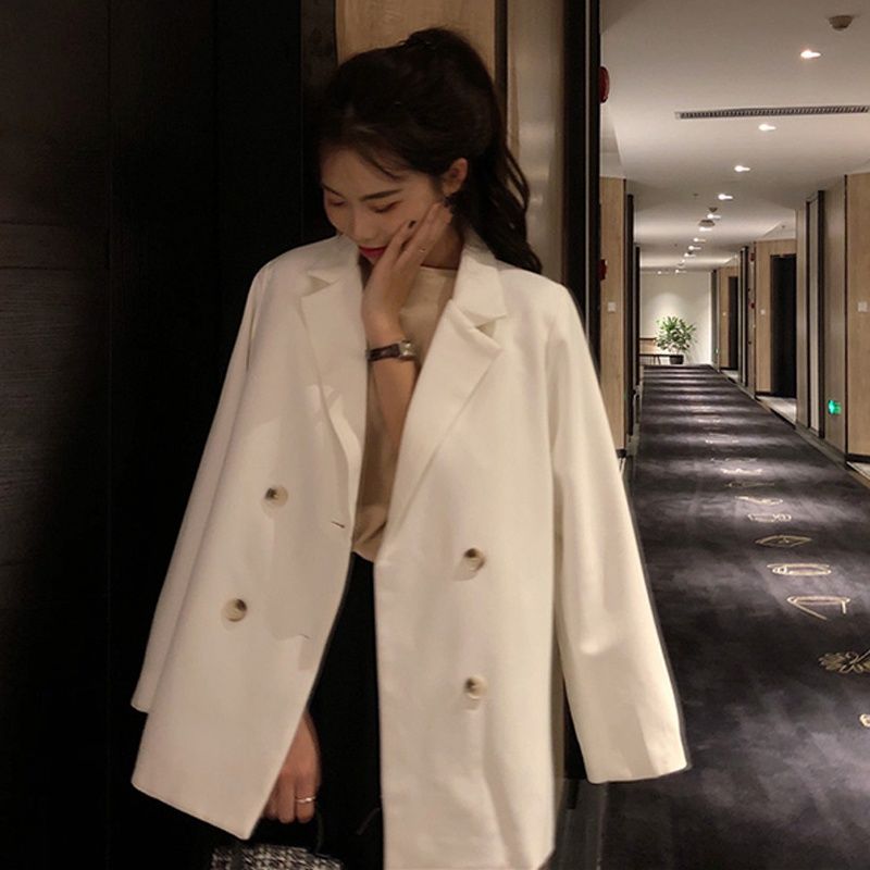 Blazers femmes Beige nouveauté automne Chic Style coréen rétro Double boutonnage décontracté solide Outwear ample classique populaire Simple: beige / L