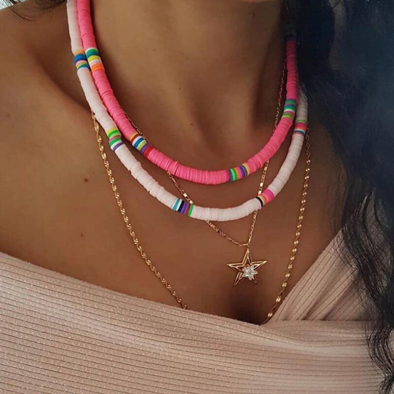 Collier en argile polymère fait à la main, poterie douce, ras du cou, perles de surfeur colorées, bijoux pour femmes